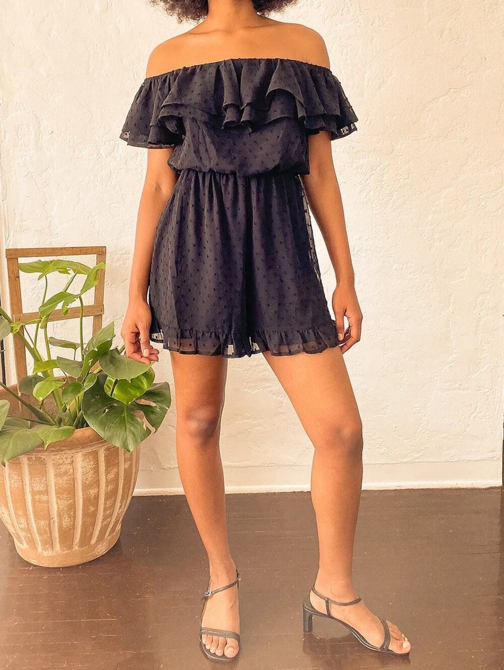 Lulus Frilled to Bits Black Swiss Dot Off-the-Shoulder Romper Medium Boho NWT